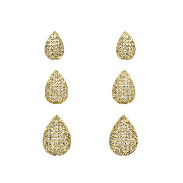 Trio  De Brincos Gotas Cravejadas- Banhado no Ouro18k