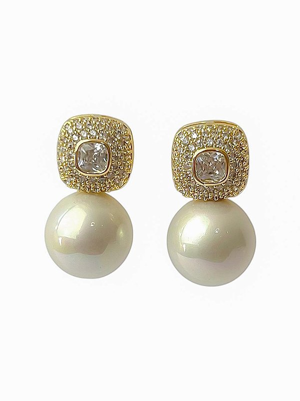 Brinco Pérola Bold Cravejada- Banhado Em Ouro18k