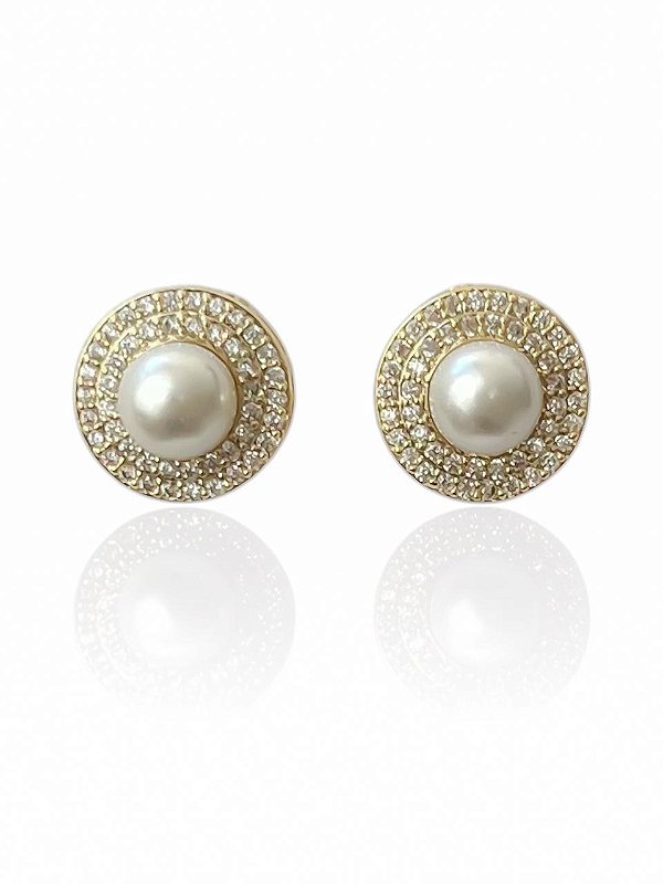 Brinco Pérola Redondo Cravejado - Banhado Em Ouro18k