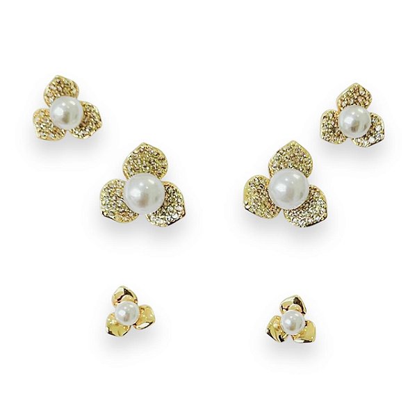 Trio  De Brincos Flor Pérola - Banhado no Ouro18k