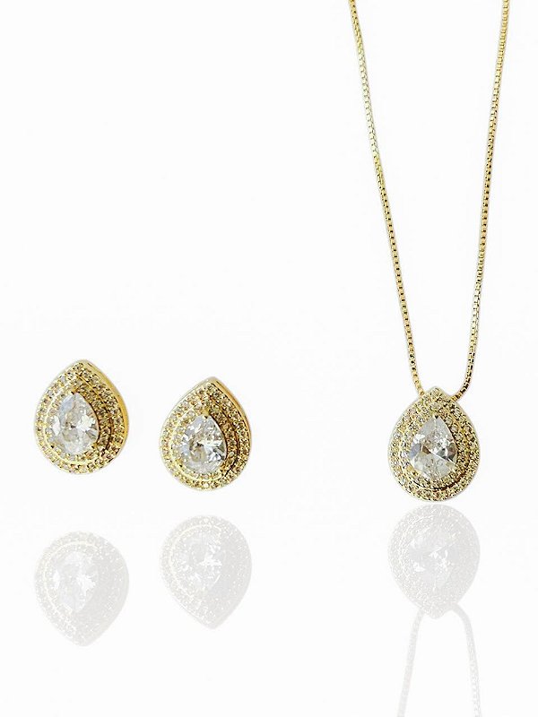 Conjunto Gota Cristal Isotta- Banhando Em Ouro18k