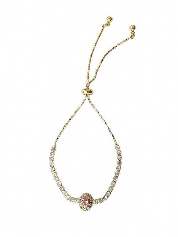 Pulseira Ajustável Opala Rosa Cravejada  Elisa- Banhado Em Ouro18k