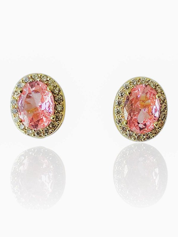 Brinco Oval Rosa Claro Cravejado Stella- Banhado Em Ouro18k