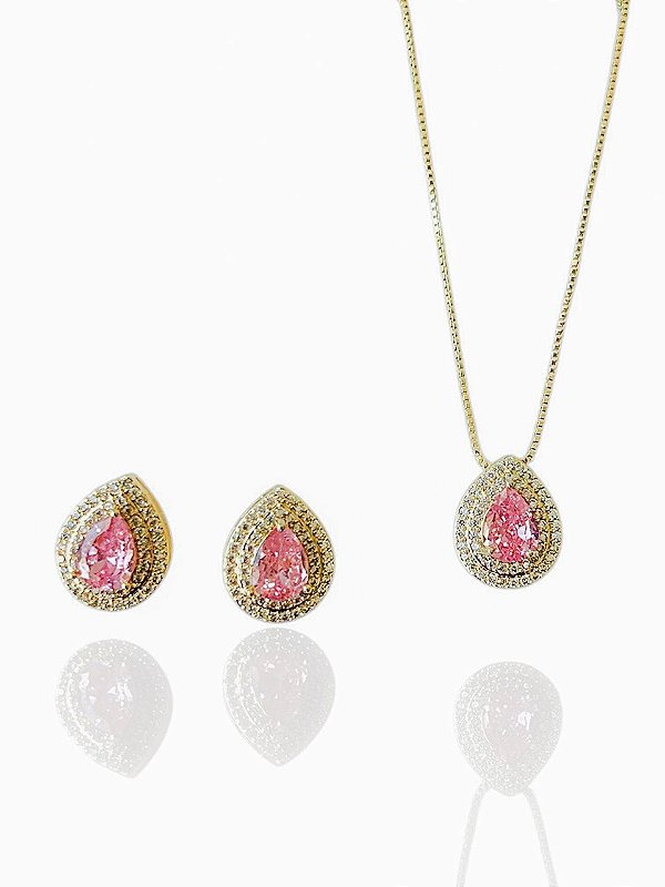 Conjunto Gota Rosa Claro Isotta- Banhando Em Ouro18k