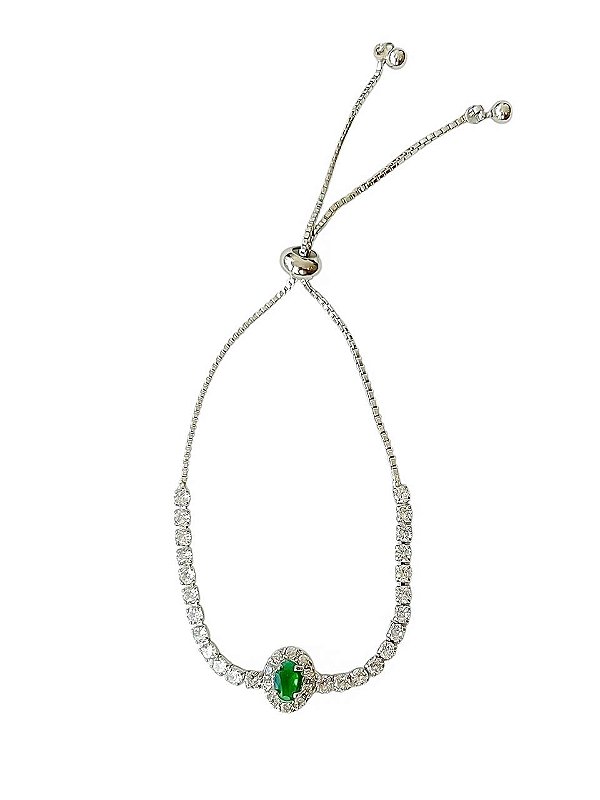 Pulseira Ajustável Cravejada Verde Esmeralda   Elisa- Banhado Em Ródio Branco