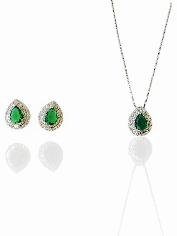 Conjunto Gota Verde Esmeralda Isotta- Banhando Em Ródio Branco