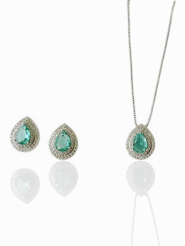 Conjunto Gota Isotta Verde Turmalina- Banhando Em Ródio Branco