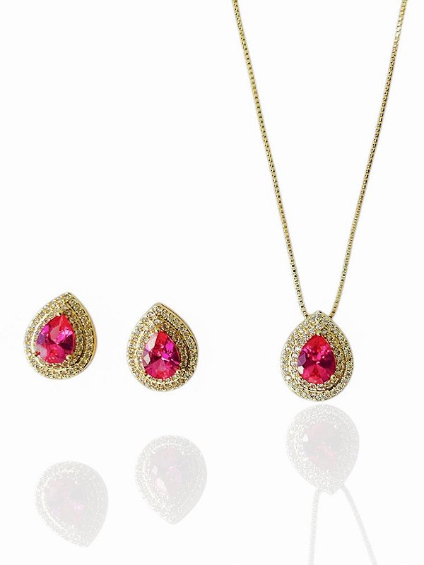 Conjunto Gota Rosa Pink Isotta- Banhando Em Ouro18k