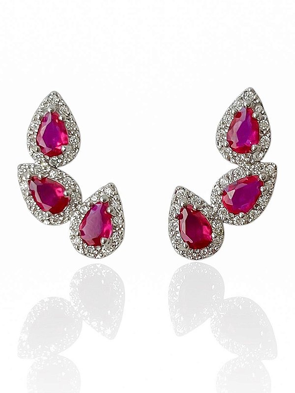 Brinco Ear Cuff Rosa Pink Cravejado Caterina - Banhado Em Ródio Branco