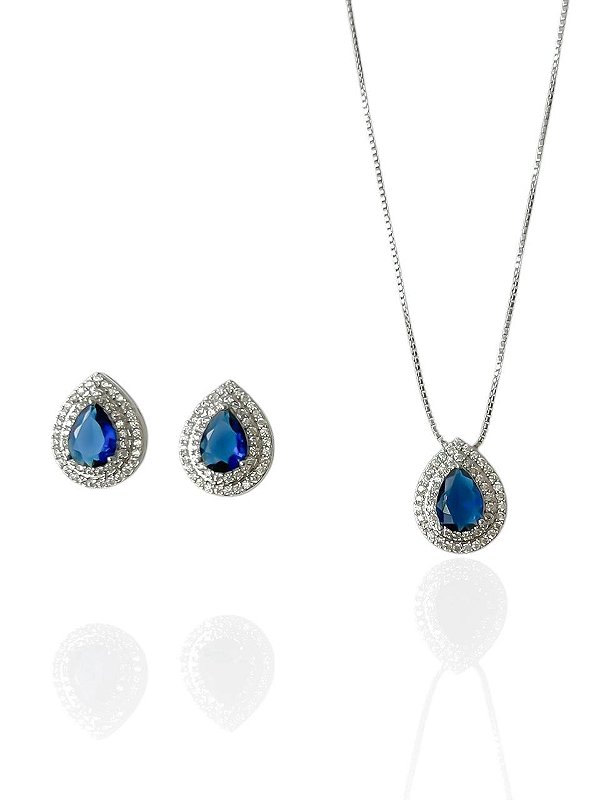 Conjunto Gota Azul Safira Isotta- Banhando Em Ródio Branco