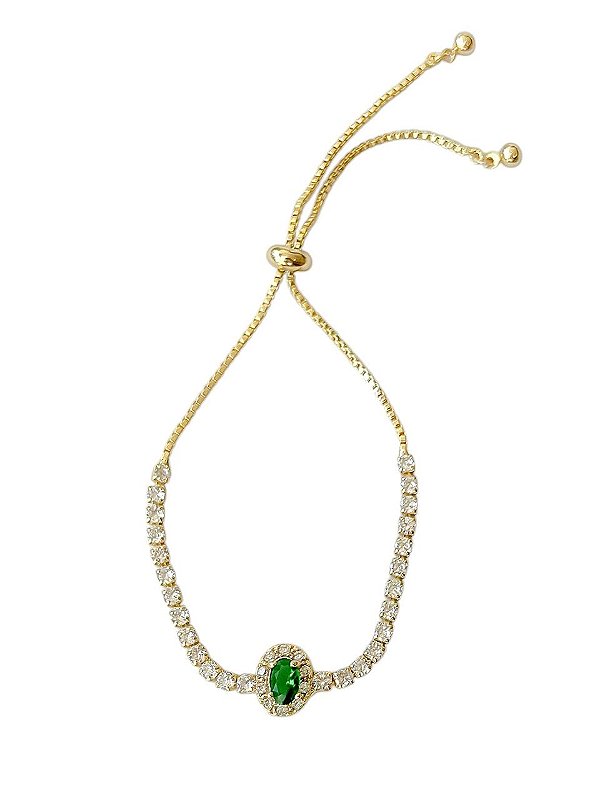 Pulseira Ajustável Cravejada Verde Esmeralda   Elisa- Banhado EmOuro18k