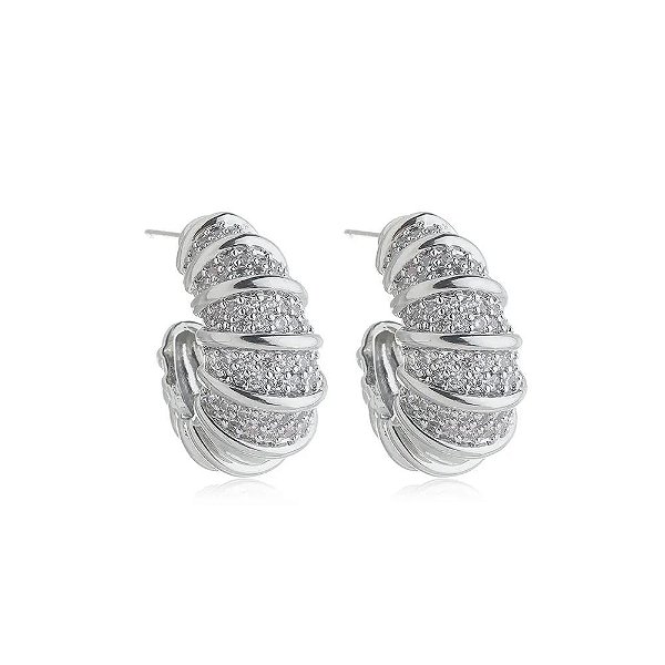 Brinco Argola Croissant Cravejada- Banhado no Ródio Branco