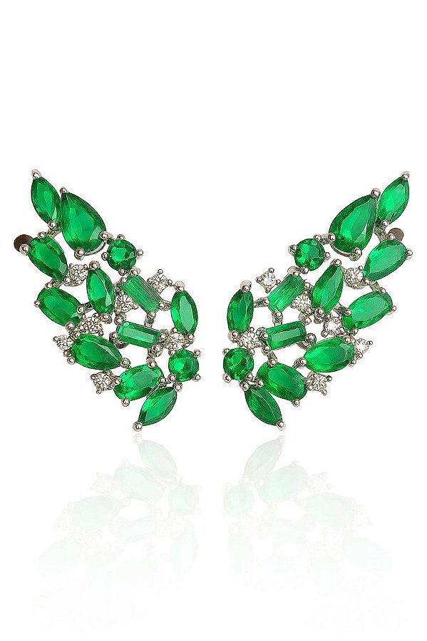 Brinco Ear Cuff Azura Verde Esmeralda - Banhado em Ródio Branco