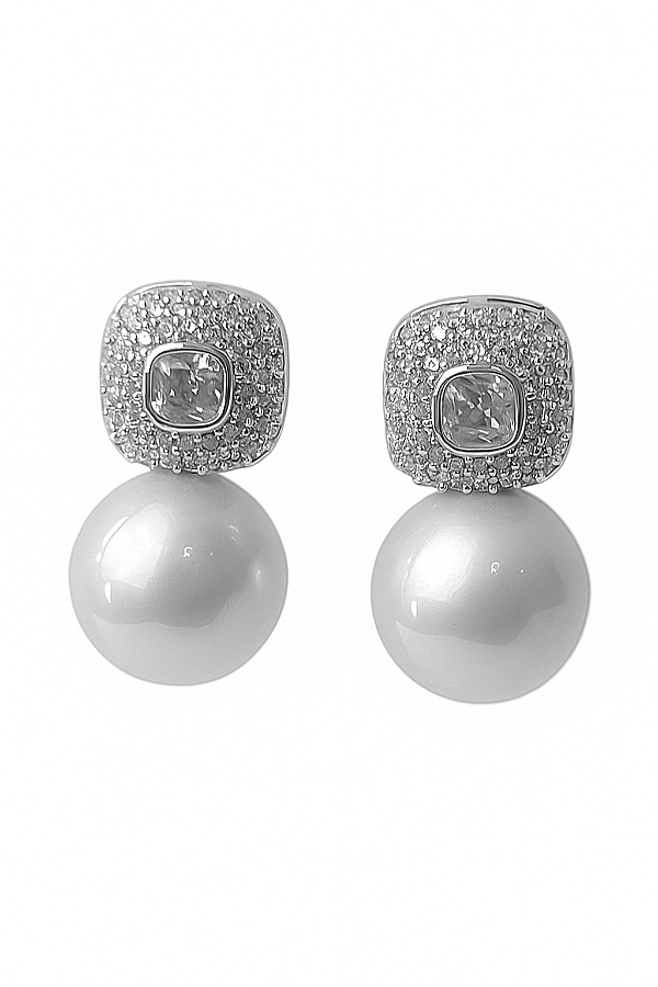 Brinco Pérola Bold Cravejada- Banhado no Ródio Branco