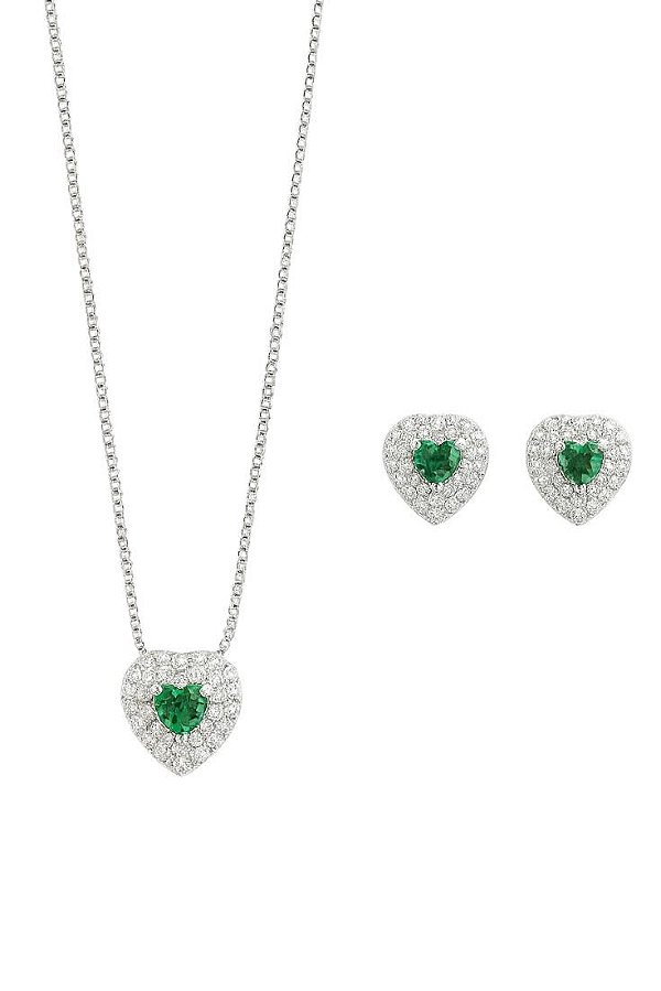 Conjunto Coração Cravejado Lyra- Banhado Á Ródio Branco