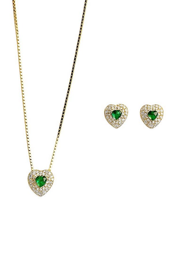 Conjunto Coração Verde Esmeralda Cravejado Lyra - Banhado Á Ouro18k
