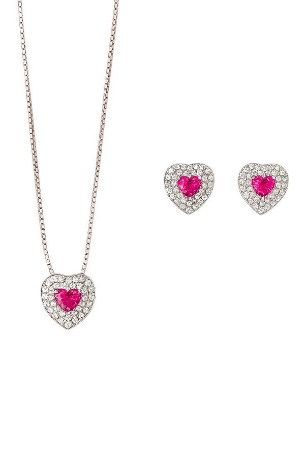 Conjunto Coração Rosa Pink Cravejado Lyra - Banhado Á Ródio Branco