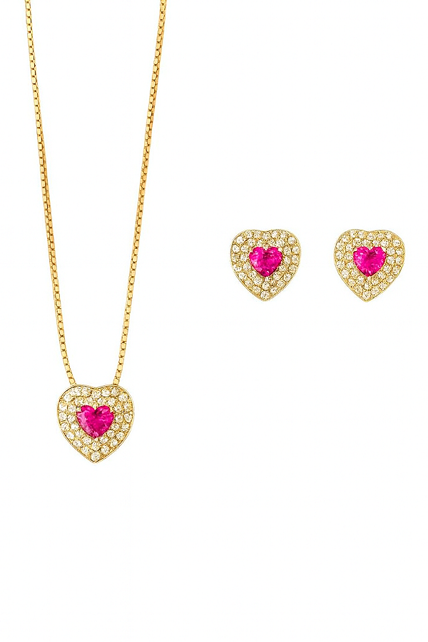 Conjunto Coração Rosa Pink Cravejado Lyra - Banhado Á Ouro18k