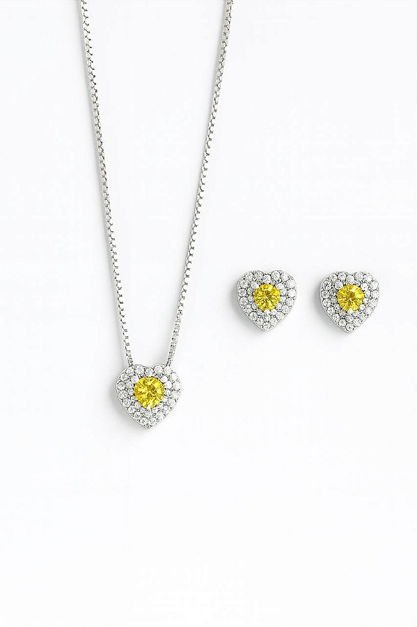 Conjunto Coração Citrino Cravejado Lyra - Banhado Á Ródio Branco