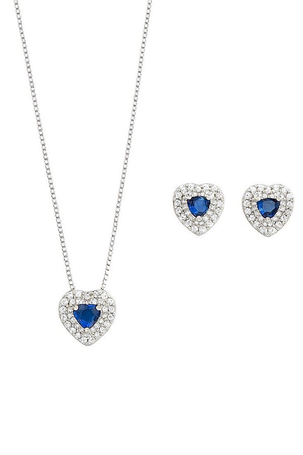 Conjunto Coração Azul Safira Cravejado Lyra - Banhado Á Ródio Branco