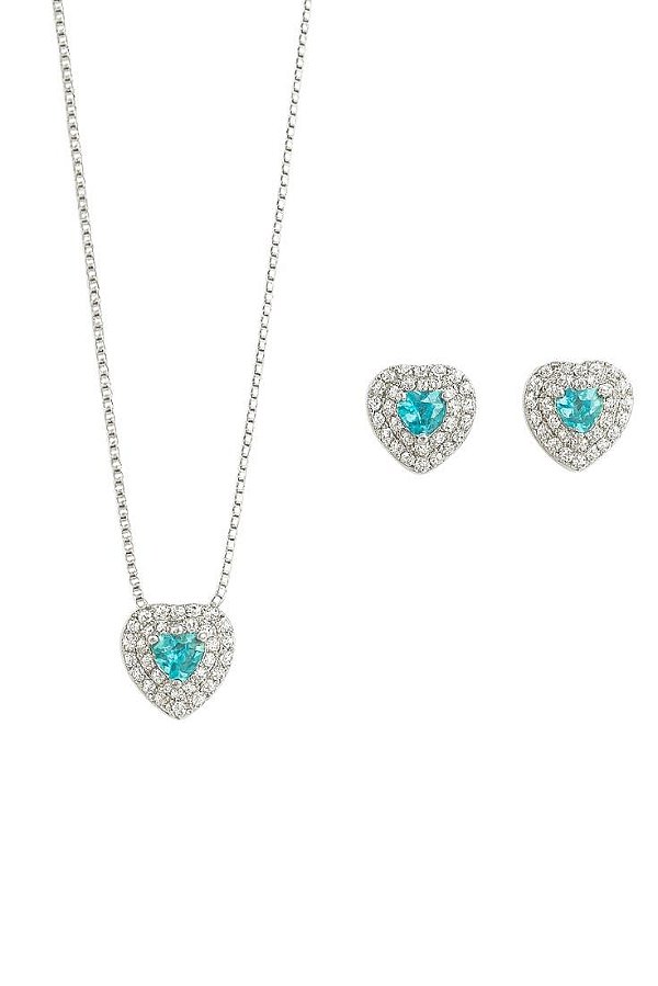 Conjunto Coração Verde Acquá Cravejado Lyra - Banhado Á Ródio Branco