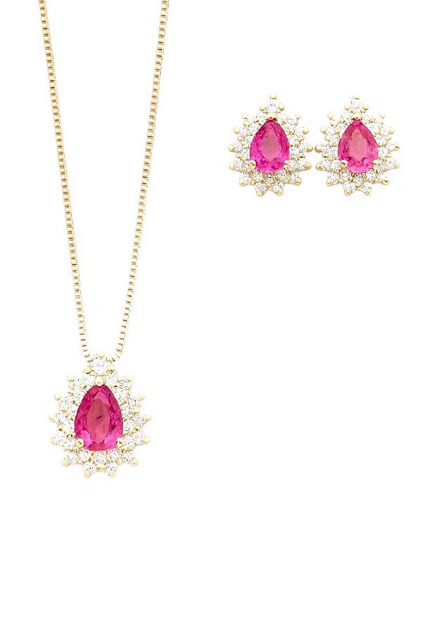 Conjunto Gota Rosa Pink Elissa - Banhado no Ouro18k