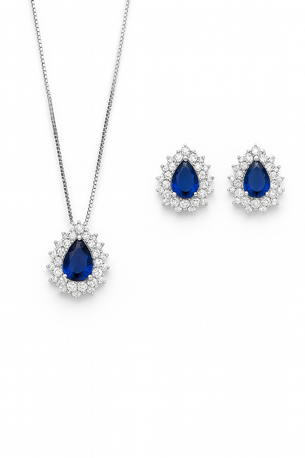 Conjunto Gota Azul Safira Elissa - Banhando Em Ródio Branco