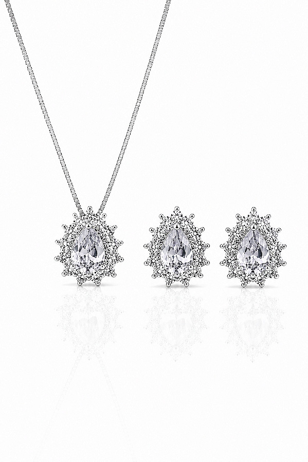 Conjunto Gota Cristal Elissa - Banhado Em Ródio Branco