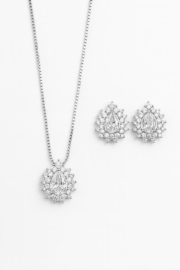 Conjunto Gota Cristal Elissa - Banhado Em Ródio Branco