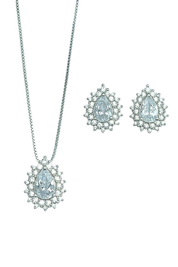 Conjunto Gota Cristal Elissa - Banhado Em Ródio Branco