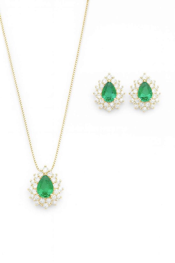 Conjunto Gota Verde Esmeralda Elissa - Banhado no Ouro18k