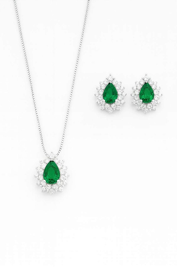 Conjunto Gota Verde Esmeralda Elissa - Banhado em Ródio Branco