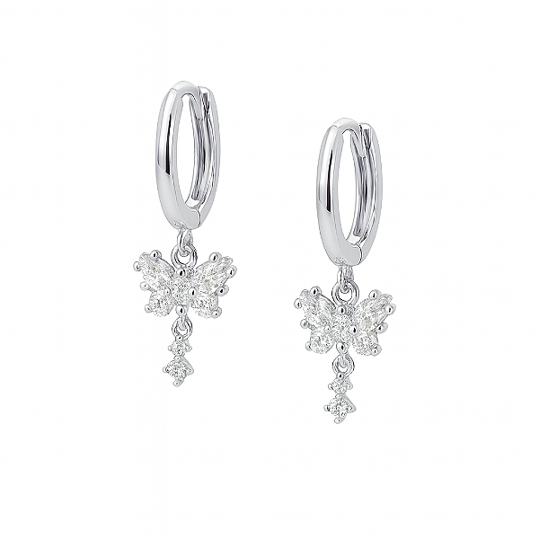 Brinco Argolinha Click Borboleta - Banhado em Ródio Branco