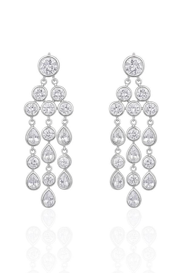 Brinco Cascatas Longo Com Cristais- Banhado Em Ródio Branco