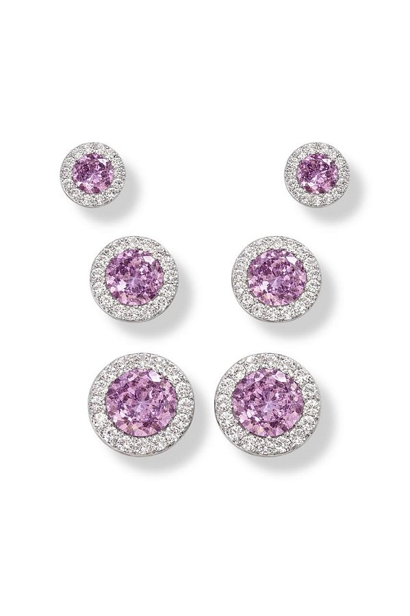 Trio de Brincos Ametista - Banhado Em Ródio Branco