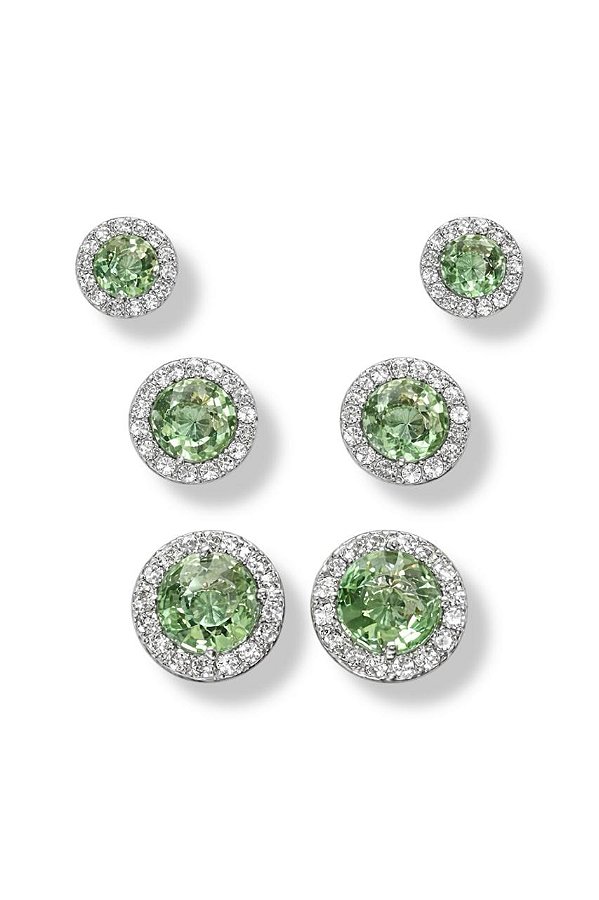 Trio de Brincos Quartzo Verde - Banhado Em Ródio Branco