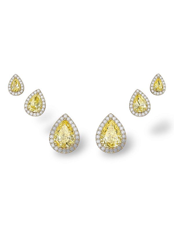 Trio de Brincos Gota Citrino - Banhado no Ródio Branco