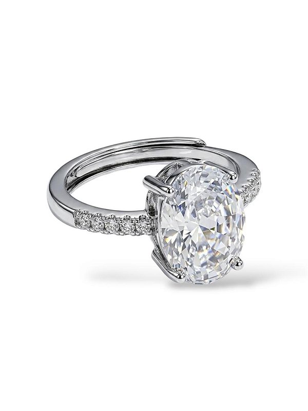 Anel Solitário Aura Oval Cravejado Regulável - Banhado no Ródio Branco