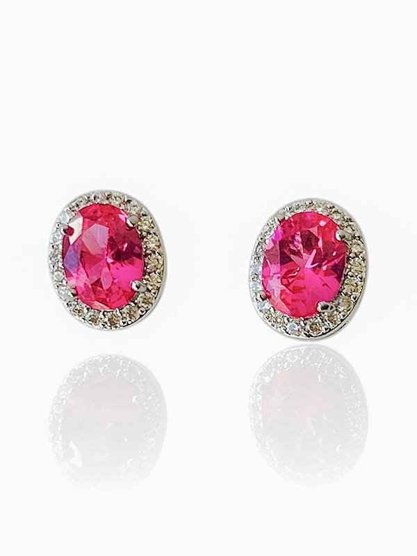 Brinco Oval Rosa Pink Cravejado Stella- Banhado Em Ouro18k
