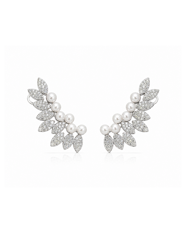 Brinco Noiva Ear Cuff Pérola Cravejado - Banhado em Ródio Branco