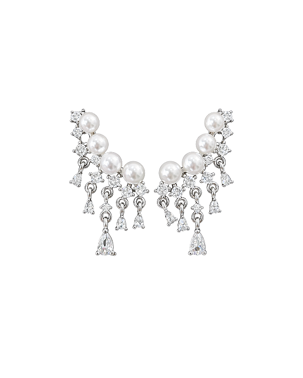 Brinco Noiva Cascata Pérola - Banhado Em Ródio Branco