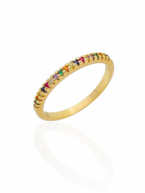 Anel Aparador Meia Aliança Colorido- Banhado Em Ouro18k