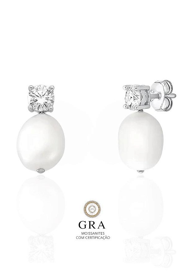 Brinco Noiva Pérola Aguá Doce e Moissanite - 5MM | 1ct - Em Prata925 + Banhado Ouro Branco