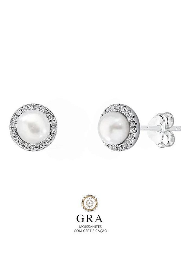 Brinco Noiva Moissanite -Pérola Natural Redondo - Prata925 + Ouro Branco