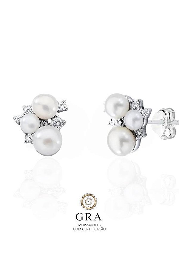 Brinco Noiva Pérola Dupla Natural Moissanite - Prata925 + Ouro Branco