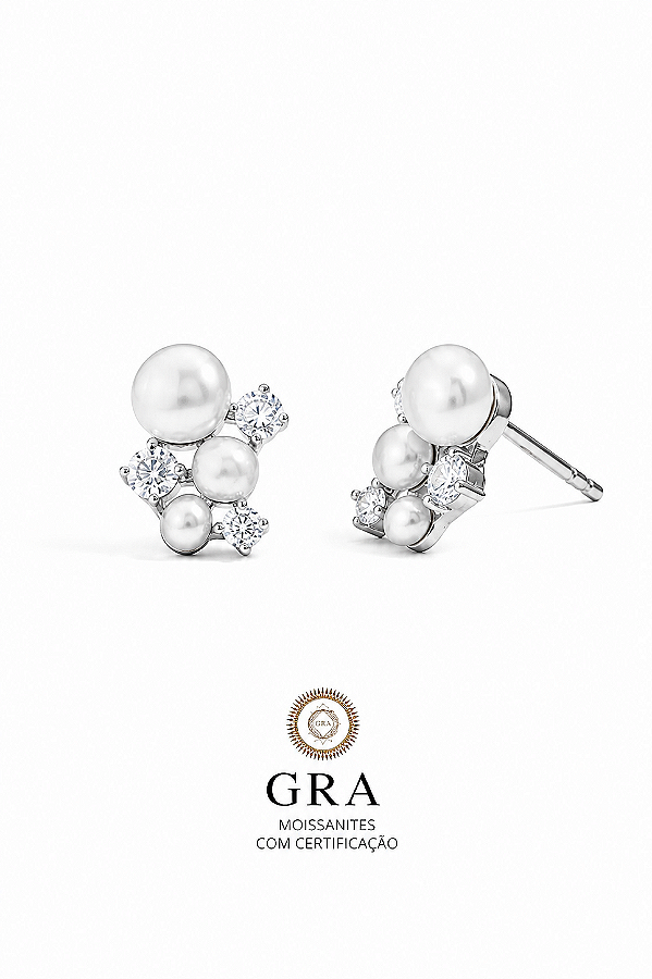 Brinco Noiva Cuff Pérola Natural Moissanite - Prata925 + Banho Ouro Branco