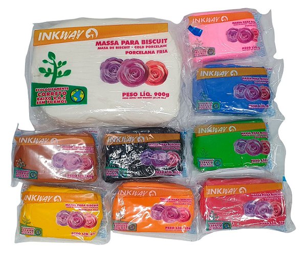 Massa Para Biscuit Inkway Kit Branco 900G + 8 Cores De 85G