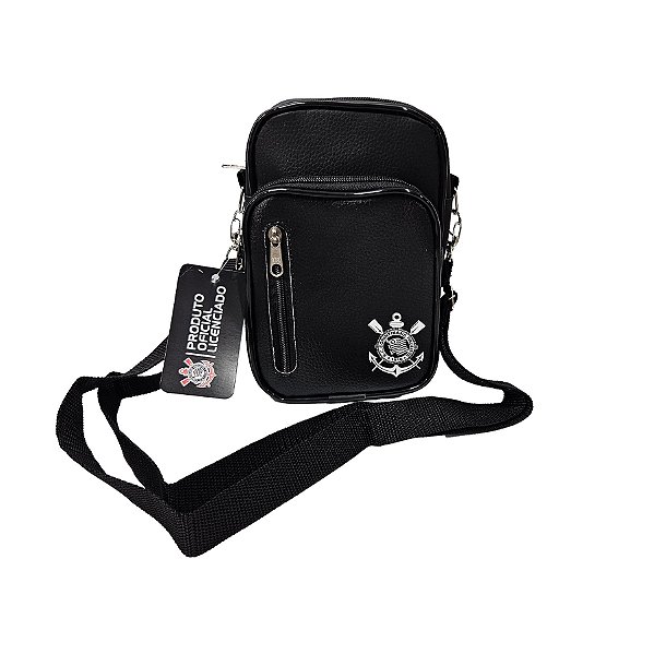 Shoulder Bag Corinthians Preto com Escudo Branco 3 Compartimento