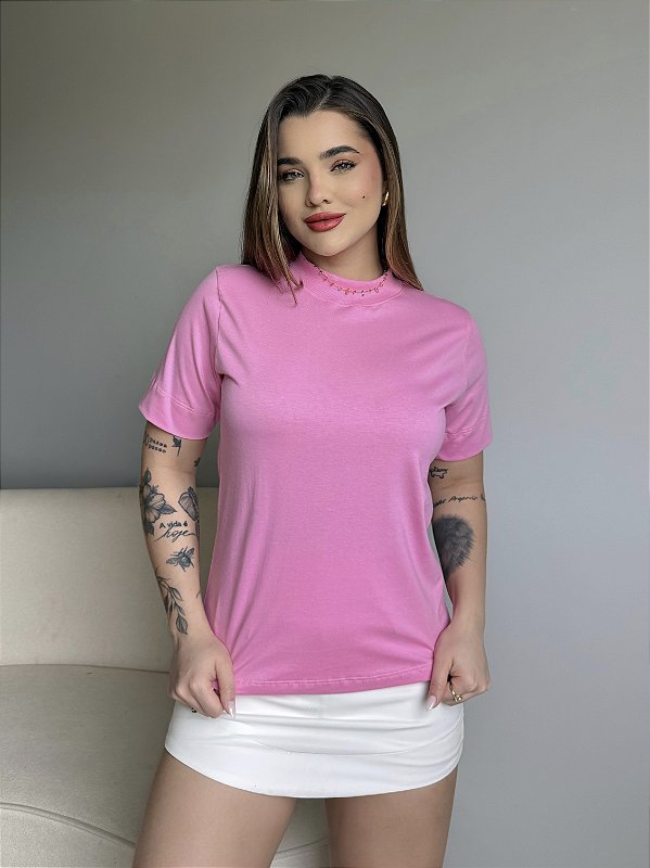 T-SHIRT GOLA ALTA LISA - ROSA BEBÊ