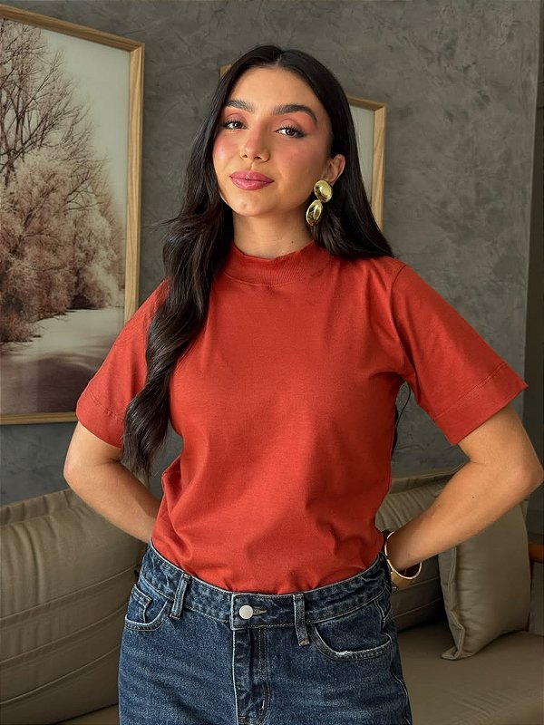 T-SHIRT GOLA ALTA LISA - TERRACOTA